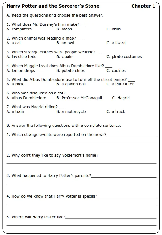 哈利波特练习纸含答案 Harry Potter worksheets 阅读理解